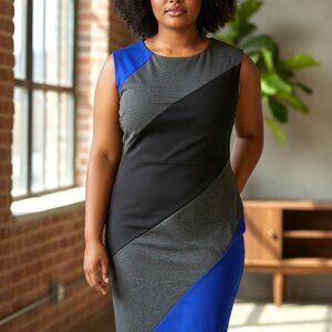 (F-156)Spense Colorblock Sheath Dress Women’s Blue Gray Black Sleeveless Knee Le